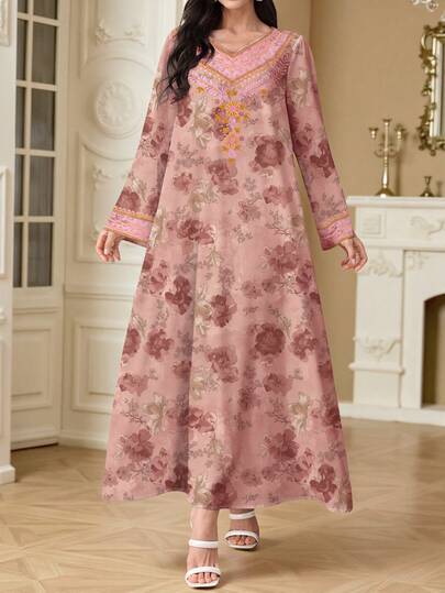 Al Najma 女士花卉植物印花V领长袖优雅阿拉伯风格连衣裙，春夏款