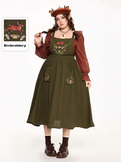 ROMWE Fairycore Spring/Summer Plus Size Sleeveless Square Neck Cute Rabbit Embroidery Waist Pocket Dress