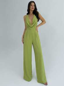 Firerie 优雅现代通勤浪漫约会性感派对海滩度假露背深V收腰白色阔腿裤，适合节日、情人节、婚礼季 - 綠色 - 查看 8