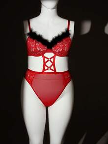 SHEIN 1pc Plus Size Lace Contrast Mesh Underwire Sexy Bodysuit, Valentine's Day - Red - View 5