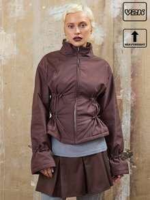 COUREZ Ruched Zip Up Nylon Coat, Y2K  Going Out Spring Chic Streetwear Casual Festivals Coat - Brown - View 1
