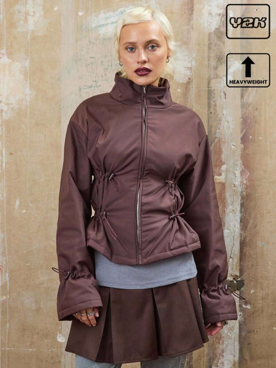 COUREZ Ruched Zip Up Nylon Coat, Y2K  Going Out Spring Chic Streetwear Casual Festivals Coat - Brown - View 1
