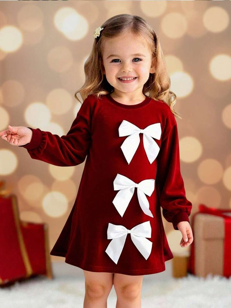 SHEIN Robe élégante à col rond et à ligne A avec nœud blanc contrastant pour jeunes filles, Noël, rouge, princesse, mignonne, velours, fête, rassemblement, assortie à la sœur, tenue pour meilleures amies - Rouge - Voir 1