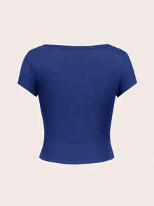 SHEIN EZwear 休闲简约蓝色圆领插肩袖黑色修身女式T恤 - 藍色 - 查看 3