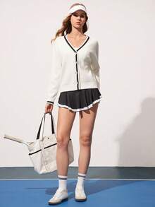 CourtClass Women's Contrast Color Cardigan, Fashionable Sporty Sweater - Beige - View 4