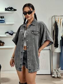 SHEIN Tall 高个子时尚开襟纽扣水洗牛仔连衣裙 - 淺灰色 - 查看 5