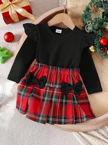 2pcs/Set Baby Girls' Ruffle Shoulder Design Red Long Sleeve Top And Bow Decor Plaid Skirt Set, Cute & Fashionable Casual School Style For Autumn/Winter - Black - View 8