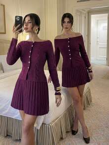 Firerie Women Elegant Burgundy 2pcs/Set Off-The-Shoulder Long Sleeve Front Love Button Closure Dress,Umbrella Skirt Red Knit Set,Autumn Brunch Party Dresses - Red Violet - View 10