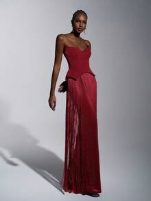 Elitara 优雅奢华性感针织亮片露肩猫领腰部流苏装饰修身连衣裙，适合晚宴、展览、商务活动等正式场合，女士晚礼服 - 酒紅色 - 查看 1