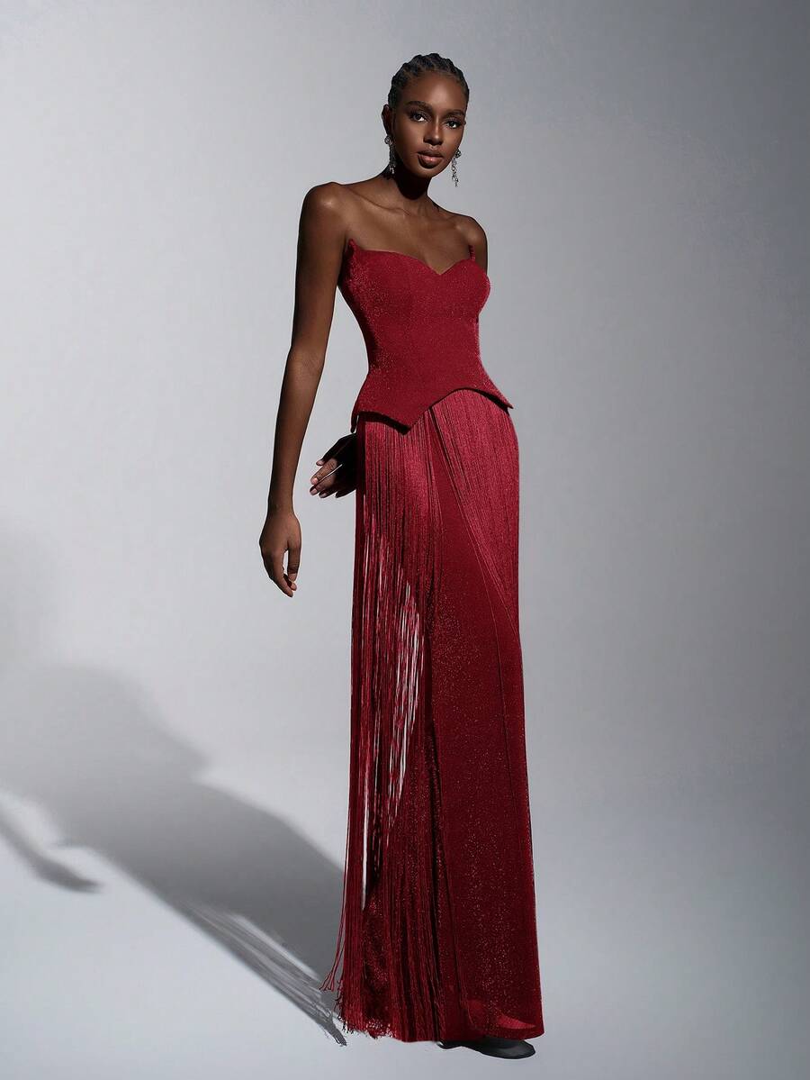 Elitara 优雅奢华性感针织亮片露肩猫领腰部流苏装饰修身连衣裙，适合晚宴、展览、商务活动等正式场合，女士晚礼服 - 酒紅色 - 查看 1