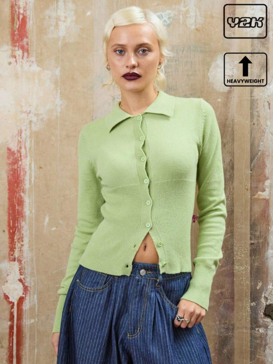 COUREZ Chunky Knit Fitted Cardigan With Rib Hem /Y2K Spring Casual Going Out Tops Women's Spring Sweater Chic Set Festivals - Mint Green - View 1