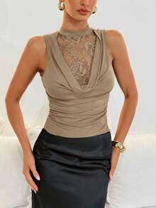 SHEIN Clasi 大码优雅性感蕾丝拼接垂褶领吊带背心，夏季 - 杏色 - 查看 4