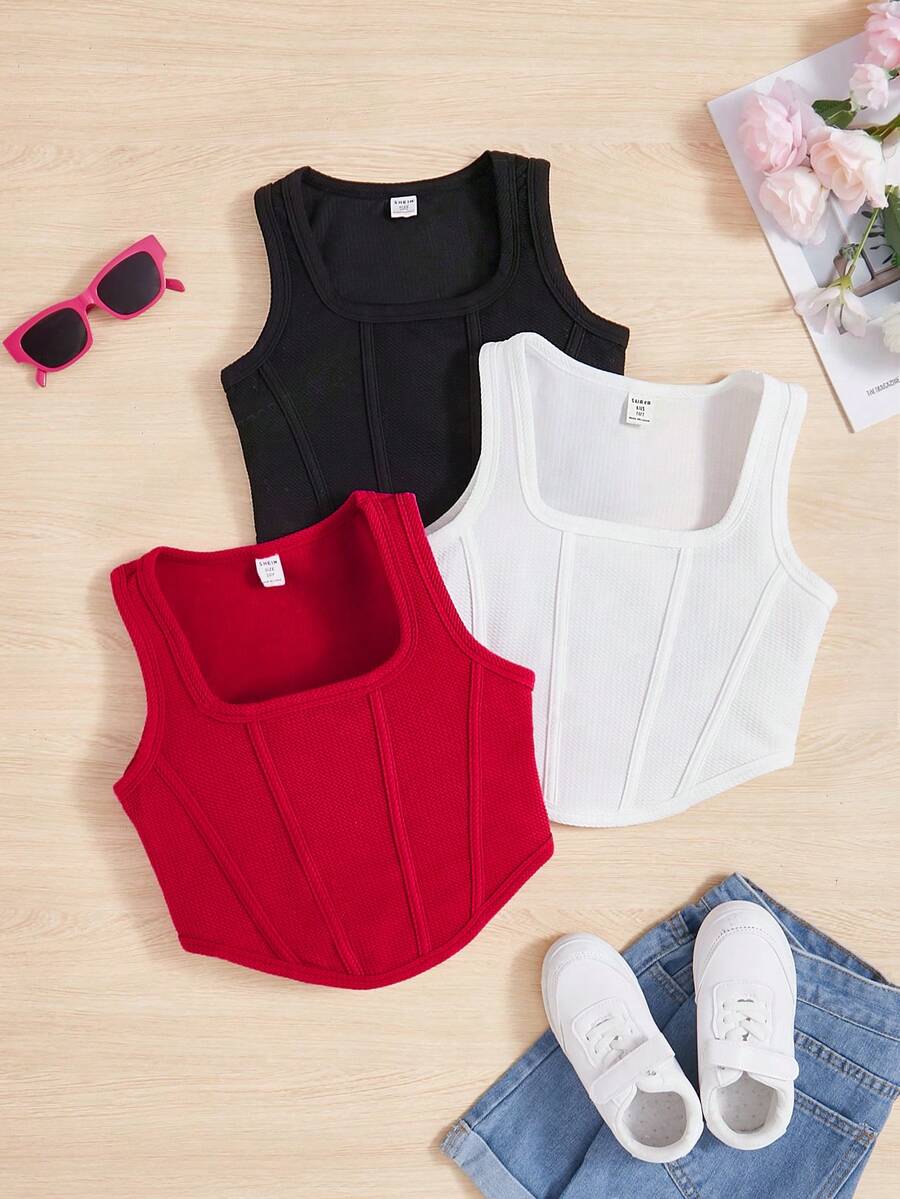 SHEIN 3件組青少年女孩黑白格紋圓領修身短版背心上衣套裝 日常夏季休閒 - 彩色 - 查看 1