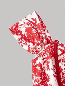 SHEIN MOD 女士蓝白印花露肩修身连衣裙 - 紅色 - 查看 3