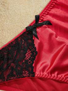 PinupPomp Contrast Color, Asymmetric, Floral Lace, Lace Patchwork, Satin, Bow Tie, Romantic, Comfortable, French Style Women's Panties - Red - View 3