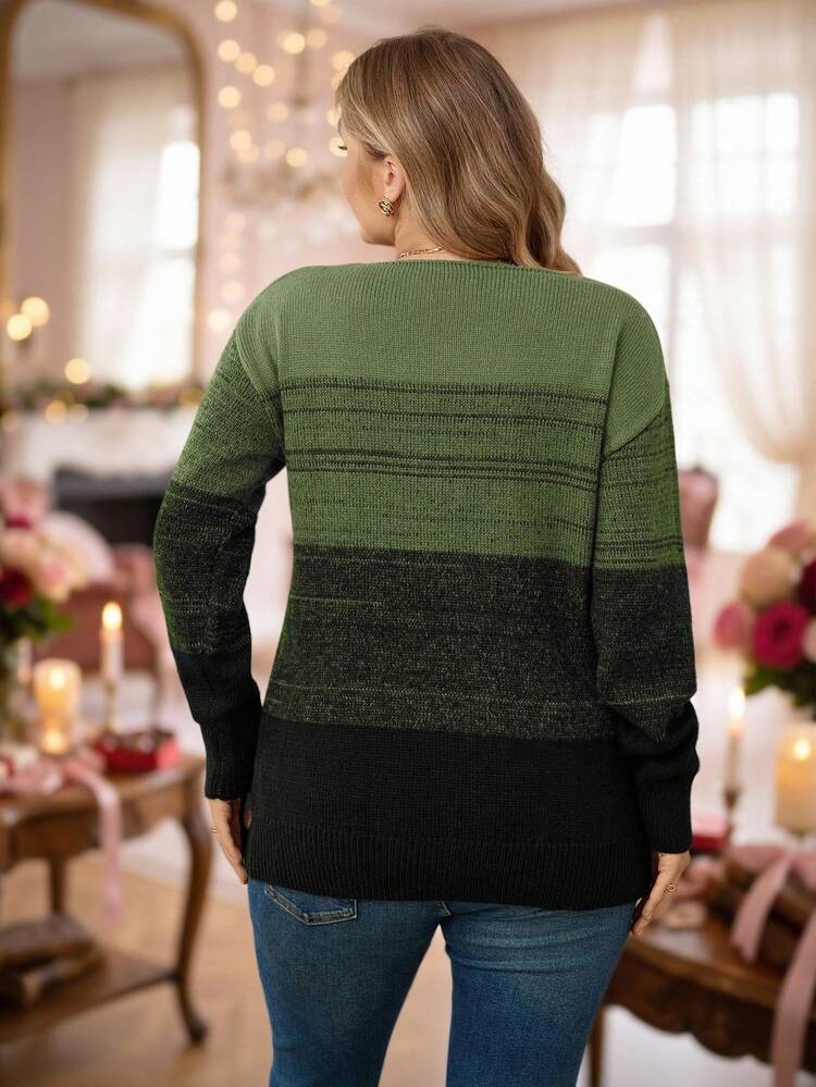 Plus Size Contrast Color Crew Neck Casual Pullover Long Sleeve Sweater In Fall/Winter