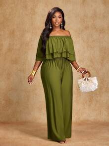 Brilight 女士优雅休闲棉麻两件套 - 蛋糕式双层荷叶边上衣和阔腿裤 - 日常穿着、休闲穿着、夏季度假、音乐节、假日套装、春夏女装 - 綠色 - 查看 7