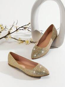 SHUZIA Women's Point Toe Full Rhinestone Glitter Champagne Flat–Shimmering, Elegant & Wedding-Ready
