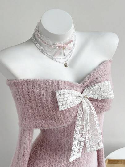 Elamini 1pc White One-Shoulder Backless Faux Mohair Ribbed Knit Butterfly Pearl Decor Long Sleeve Bodycon Mini Dress, Y2K Retro Cute Party Cocktail Dress For Women, Autumn/Winter, Christmas, New Year