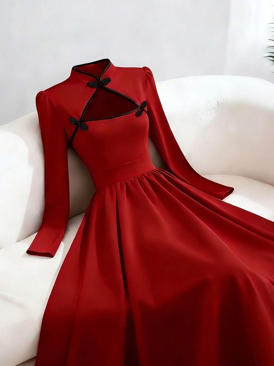 Franclia Women's Burgundy & Black Chinese Knot Button Hollow Front Design Casual Everyday Commute Outing Afternoon Tea Date Vacation Spring Festival Long Sleeve Mid-Length Dress Red Dress Collar Dress Mandarin Collar Dress Traditional Dress Long Sleeve Dress Chinese Style Dress Cheongsam Dress Maroon Dress