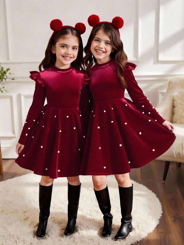 SHEIN Vestido de terciopelo elegante con cuello alto, puños con volantes y aplicaciones de cuentas para niña preadolescente. Vestido de fiesta de Navidad, vestido formal de fiesta para niñas, conjunto de fiesta de Navidad y Año Nuevo. Vestido de terciopelo rojo para niñas de 11 años, vestido burdeos para niños, vestidos elegantes de manga larga para adolescentes