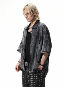 ROMWE MEN Men's Drop Shoulder Short Sleeve Loose Front Button Denim Shirt - Black - View 4