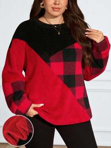 EMERY ROSE Sweatshirt Wanita Ukuran Besar Motif Kotak-kotak Merah & Hitam, Pullover untuk Musim Gugur/Dingin, Model Baru 2025, Tahun Baru, Nyaman untuk Musim Gugur dan Musim Dingin - MultiWarna - View 3