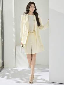 Heiryn Women's 2 Pieces Blazer Set,Pale Yellow Autumn Elegant Office Professional Long Sleeve Shawl Collar Jacket And Shorts Commuter Solid Suit Set - Apricot - View 1