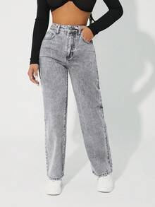SHEIN PETITE High Waist Tapered Washed Denim Casual Pants - Light Grey - View 4