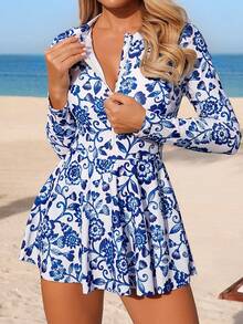 Swim Mulvari Women's BOHO Blue & White Vacation Print Pattern Blue One-Piece Long Sleeve Swimsuit