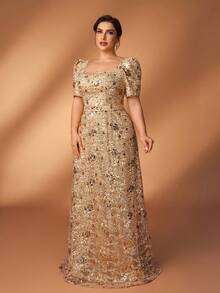 Serin Plus Size Elegant Gold Sequin Embroidered Square Neck Short Sleeve A-Line Dress,Spring Formal Evening Wedding Party Gown Mother Of Groom And Bride - Champagne - View 4