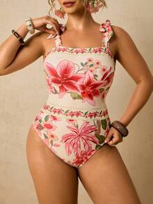 Travachic Plus Size Women Floral Print One-Piece Swimsuit Spring Outfit Women Summer Holiday Outfits Beach Outfit For Women Vacation Outfits  Island Wedding Outfit - Multicolor - View 4