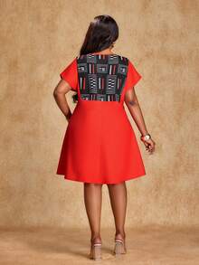 Brilight Graphic Print Cutout Neck Casual Short Sleeve Dress - Red and Black - View 2