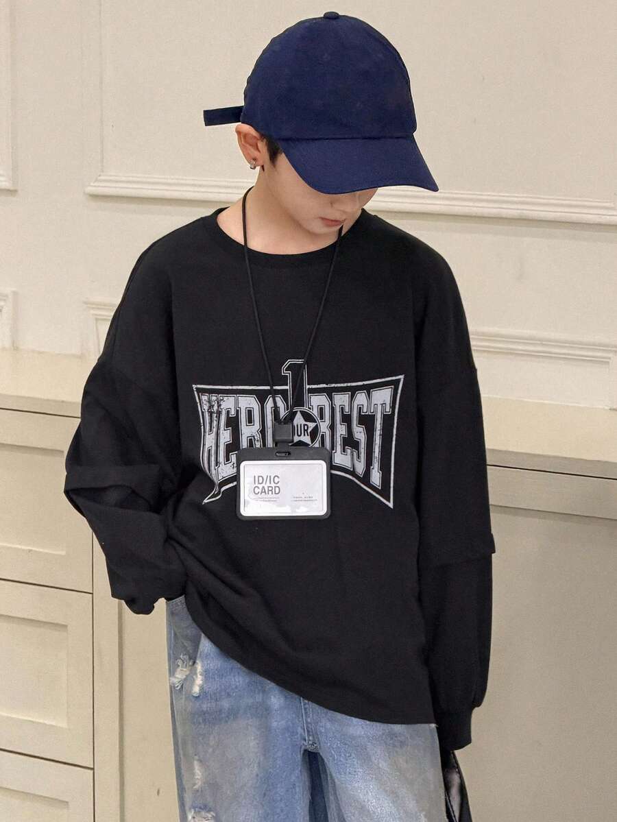DAZY Tween Boy Letter Print Crew Neck Dropped Shoulder Long Sleeve Casual Loose T-Shirt - Black - View 1