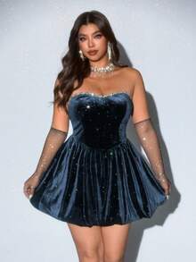 Viva Relle Plus Size Sexy Strapless Ruched Peplum Dress - Navy Blue - View 7