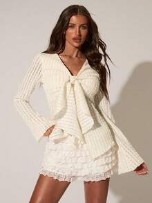 SHEIN BAE Women's Textured Long Sleeve Tie Front Decor Top, Suitable For Spring/Summer Beach Vacation, Light Yellow Top For Casual Outings And Beach Getaways - Light Yellow - View 1