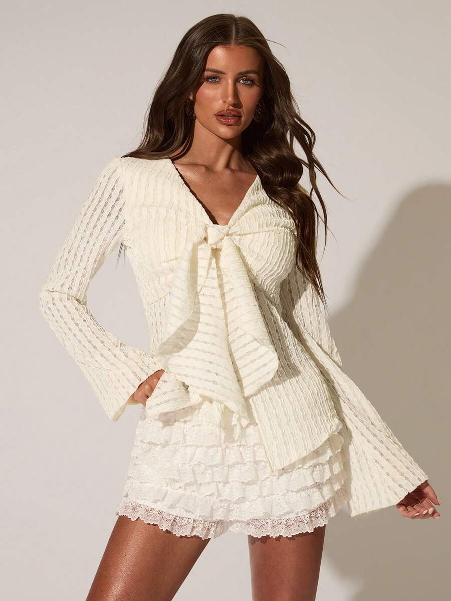 SHEIN BAE Women's Textured Long Sleeve Tie Front Decor Top, Suitable For Spring/Summer Beach Vacation, Light Yellow Top For Casual Outings And Beach Getaways - Light Yellow - View 1