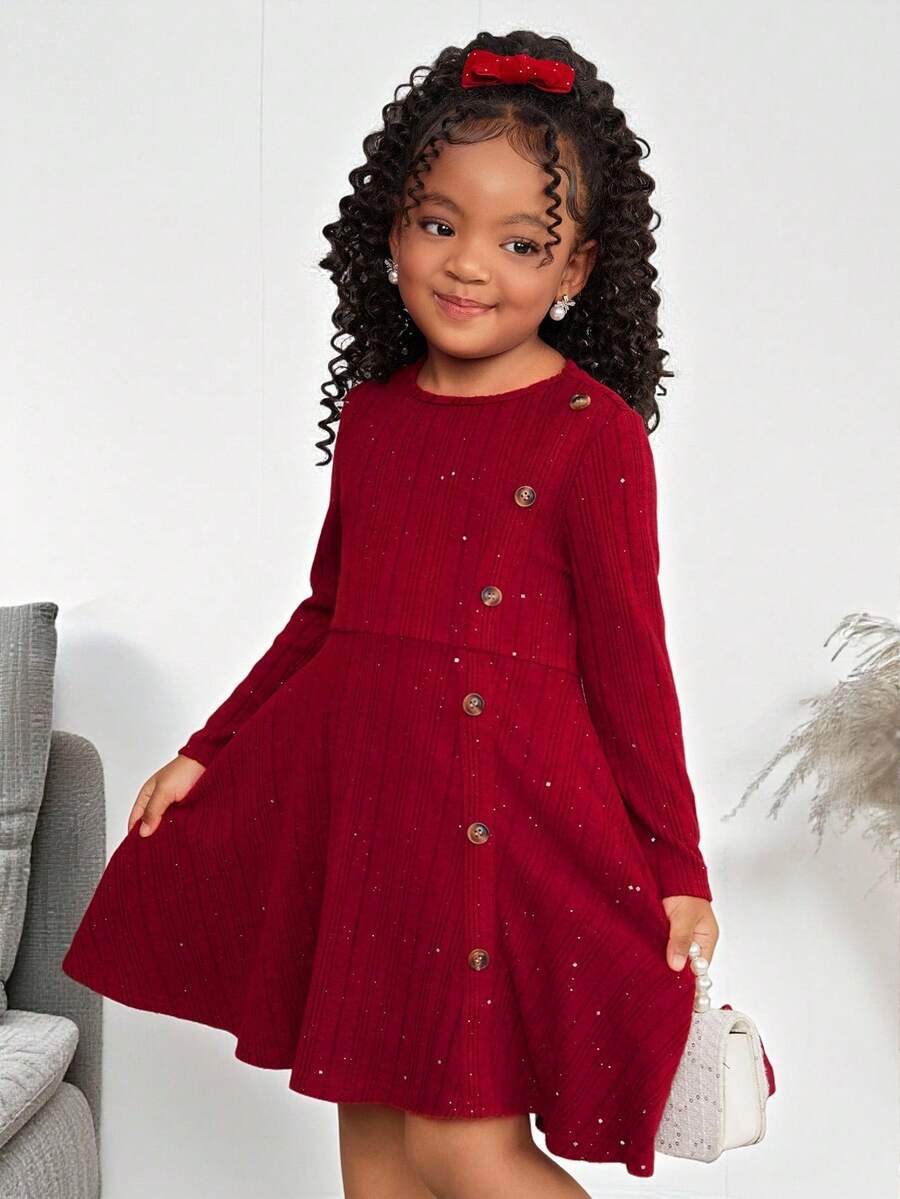 SHEIN 年轻女孩优雅休闲红色亮片毛绒针织罗纹圆领套头衫开叉设计中长连衣裙，适合上学、日常休闲、秋冬、圣诞节红色连衣裙 - 紅色 - 查看 1