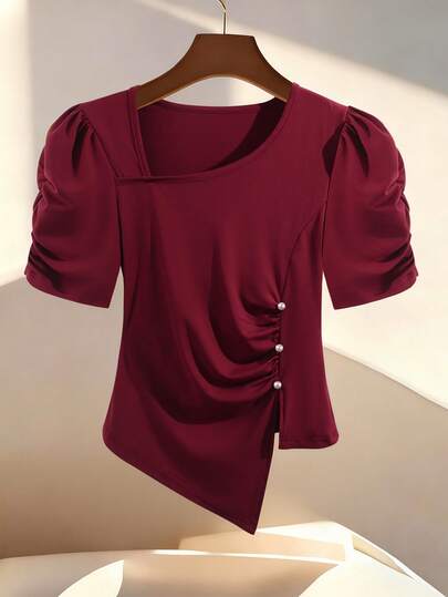 SHEIN Franclia Women's Fashion Casual Daily Commute Metal Button Decor Ruched Slim Fit Short Sleeve V-Neck Asymmetric Hem T-Shirt, Spring/Autumn