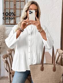 EMERY ROSE 女士休闲日常通勤简约纯色长袖褶裥宽松衬衫，春秋季 - 白色 - 查看 1