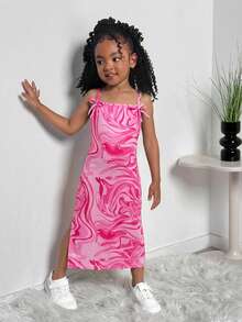 Young Girls' Chic Leopard Print Camisole Dress With Bow Hem And Side Slit, Casual Everyday Wear - Multicolor - View 4