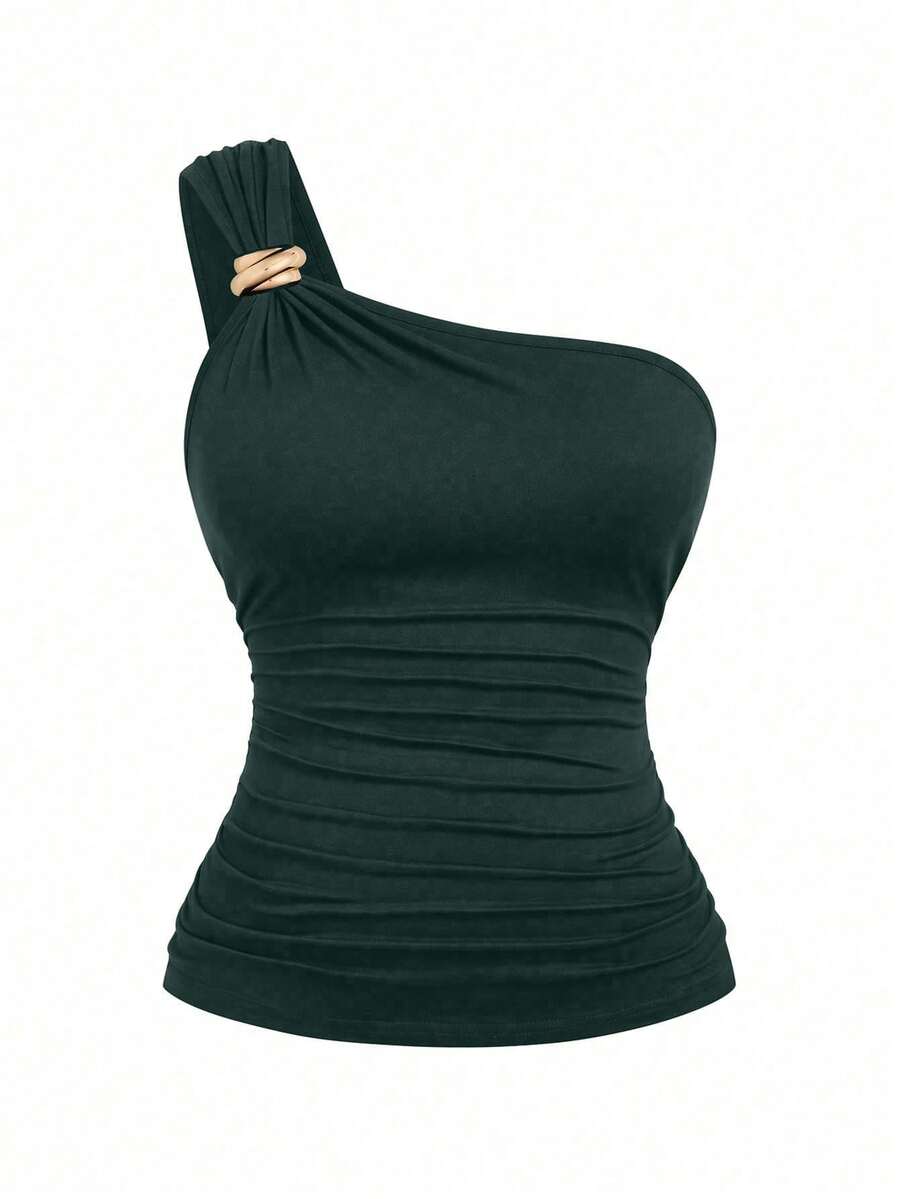 DreamSkyne Plus Size Women Elegant One Shoulder Tight Dark Green Top,Metal Decor Button Ruched Summer Girlism Night Fitted One Sleeve Tops - Dark Green - View 1