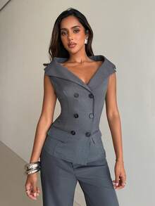 Aloruh 女士深灰色双排扣V领无袖西装外套，适合工作/办公场合，春夏穿着