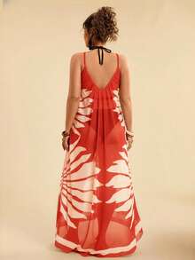 SHEIN TRVLCHIC Plus Size Casual Tropical Beach Vacation Loose Fit Sleeveless Print Long Coverup For Women - Red - View 2