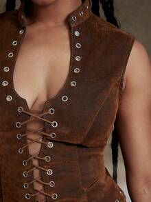 Denimoi 丝绒牛仔系带无袖上衣 演唱会服装 时尚街头风性感上衣 - 棕色 - 查看 2