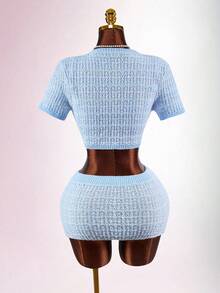 Amplova Set de 2 piezas con top de tirantes finos con nudo delantero y cárdigan de manga corta con minifalda de punto para mujer en verano - Azul - Ver 12