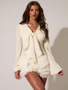 SHEIN BAE Women's Textured Long Sleeve Tie Front Decor Top, Suitable For Spring/Summer Beach Vacation, Light Yellow Top For Casual Outings And Beach Getaways - Light Yellow - View 6