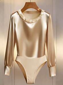 Franclia 2026春秋新款圆领串珠连体衣，针织面料亲肤舒适，杏色，长袖修身连体衣，可外穿或内搭，通勤百搭，女士秋冬连体衣套装，新款连体衣套装，长袖开衩纽扣装饰。 - 杏色 - 查看 1