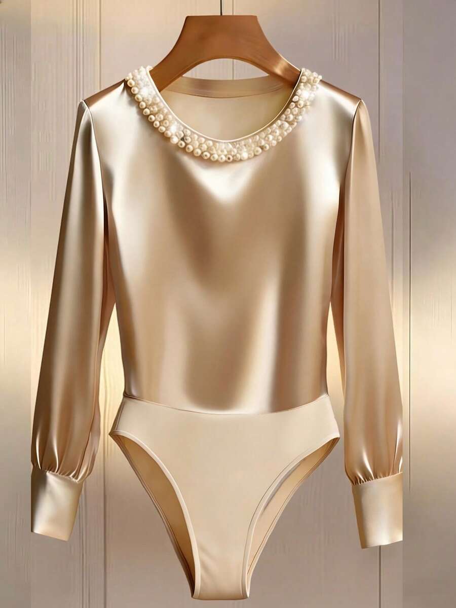 Franclia 2026春秋新款圆领串珠连体衣，针织面料亲肤舒适，杏色，长袖修身连体衣，可外穿或内搭，通勤百搭，女士秋冬连体衣套装，新款连体衣套装，长袖开衩纽扣装饰。 - 杏色 - 查看 1