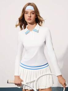 CourtClass Casual Versatile White Button Collar Contrast Blue Stripe Design Slim Fit Long Sleeve Sports Polo Shirt - White - View 1